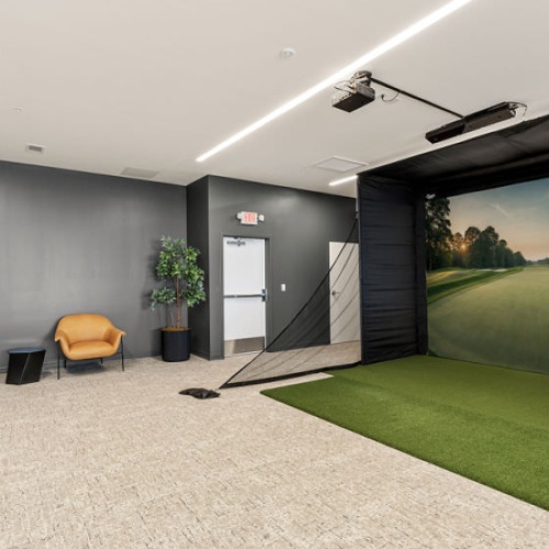 A room with chairs and plants and a large golf simulator